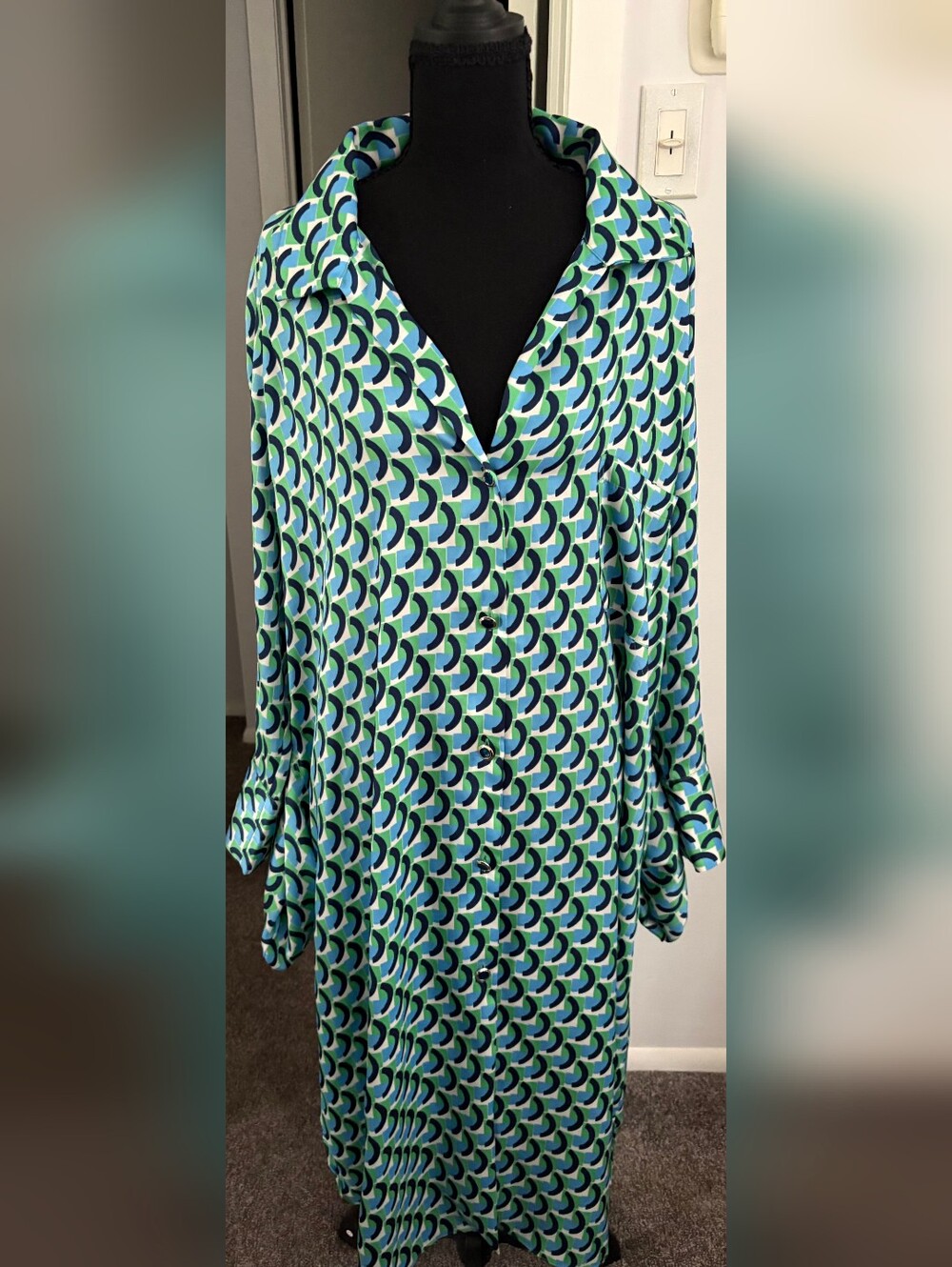 Zara Blue & Teal Geometric Emerald Buttons Down To The Bottom Dress